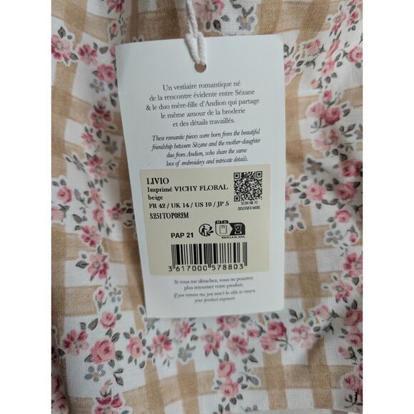Sezane X Andion Tank Top Womens 10 Tan Gingham Vichy Floral Wide Strap Pullover - Picture 4 of 4